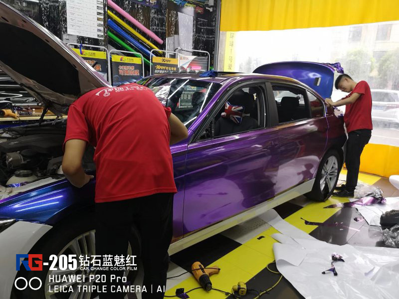 寶馬325車身改色貼膜,寶馬325車身藍魅紅改色貼膜,英國RG瑞集汽車車身貼膜