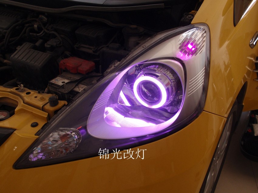 本田Honda新款飛度FIT汽車大燈改裝氙氣燈博世雙光透鏡紫色天使眼