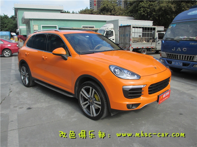 保時捷卡宴全車貼膜改顏色 汽車車漆貼膜改顏色 比利時麥可貼亮光橙