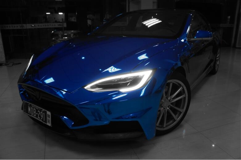 特斯拉MODEL S 施工日本鏡面電鍍藍(lán)（深圳廣州改色貼膜）