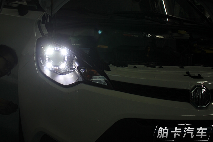 廣州舶卡汽車，MG3車燈升級(jí)，大燈改裝高清海拉5透鏡，配帕拉梅裝飾罩