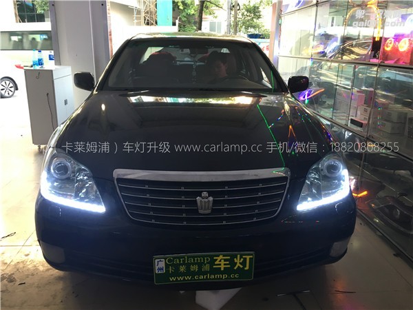 廣州皇冠改燈，車燈改裝升級：卡萊姆浦海拉5雙光透鏡+歐司朗D2S CBI+原車白電裝安定器+雙色LED流光淚眼日行燈
