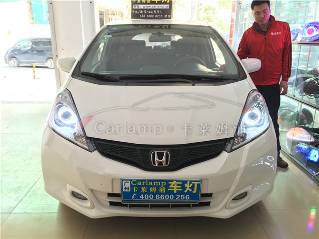 廣州本田飛度 11-13款改燈，車燈改裝升級(jí)：卡萊姆浦美標(biāo)Q5雙光透鏡+氙氣大燈套餐+白天使+雙色LED導(dǎo)光日行燈