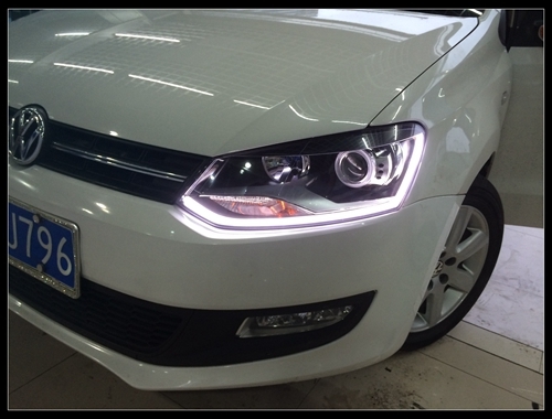 大眾POLO大燈改裝Q5雙光透鏡  LED雙色淚眼燈 金世萊氙氣燈