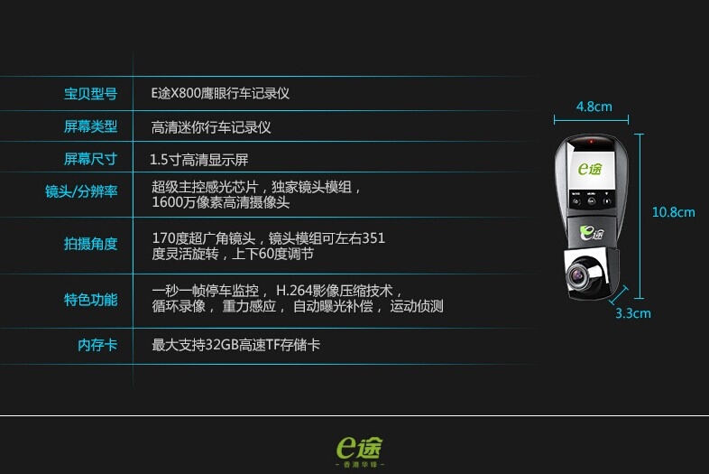 E途X800 行車(chē)記錄儀高清夜視 1080超170度廣角遙控迷你車(chē)載記錄儀
