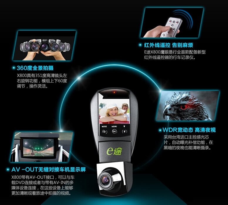E途X800 行车记录仪高清夜视 1080超170度广角遥控迷你车载记录仪
