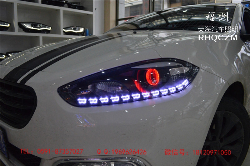 福州車燈升級改裝 菲翔大燈升級進(jìn)口Q5透鏡光導(dǎo)雙色淚眼 福州榮海汽車照明