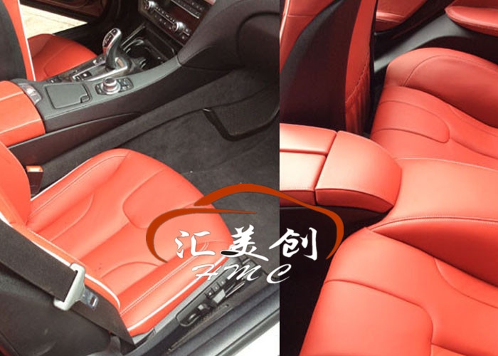 寶馬640座椅門板改紅色深圳匯美創(chuàng)汽車內(nèi)飾改裝