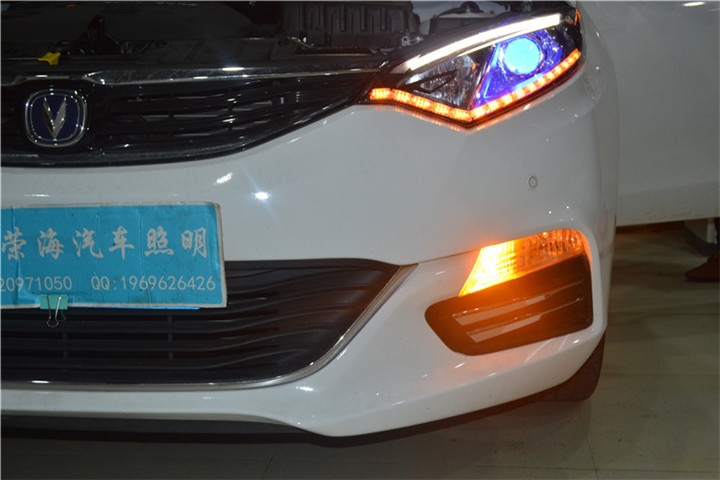 福州汽車改氙氣燈 長安逸動(dòng)XT大燈改氙氣燈雙色水晶淚眼 福州榮海汽車照明