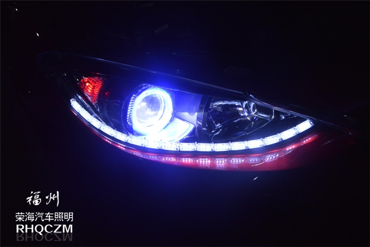 福州改汽車水晶雙色淚眼 昂克賽拉大燈改裝氙氣燈Q5雙光透鏡 福州榮海照明