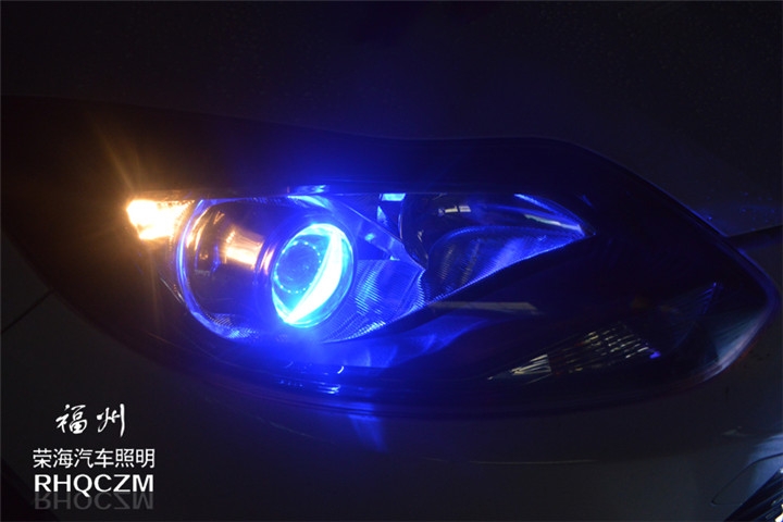福州改汽車大燈 福特福克斯車燈改裝氙氣燈藍(lán)色惡魔眼 福州榮海照明
