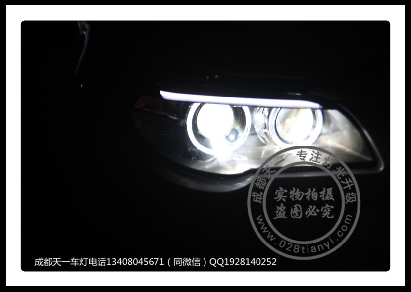 成都寶馬525車燈改裝4海拉雙光透鏡歐司朗氙氣燈