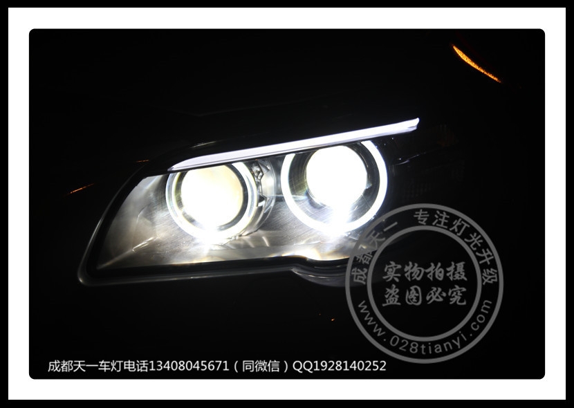 成都寶馬525車燈改裝4海拉雙光透鏡歐司朗氙氣燈