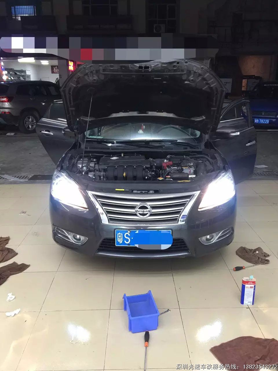 軒逸燈光升級q5透鏡+加裝藍色惡魔眼