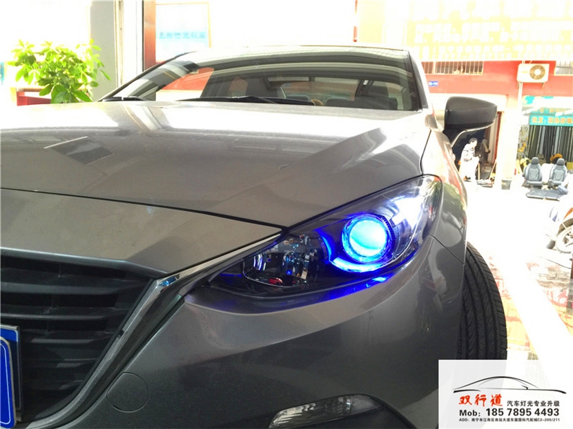 南寧雙行道車燈改裝-昂克塞拉升級巖崎海拉5雙光