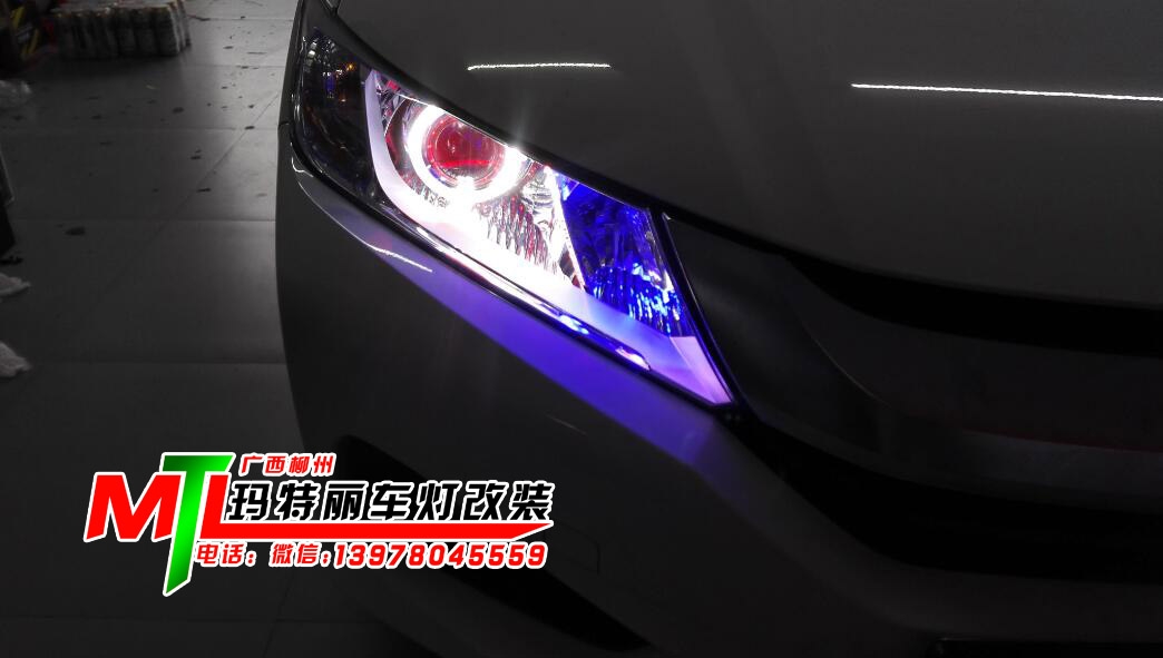 本田鋒范升級Q5雙光透鏡加天使眼惡魔眼--柳州瑪特麗車燈改裝提供分享