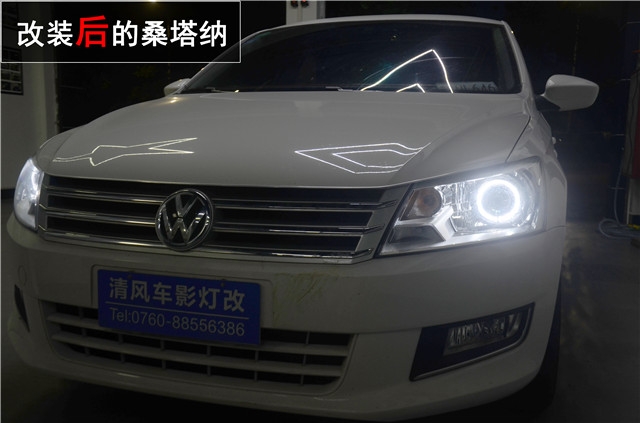 桑塔納車燈升級 Q5雙氙透鏡改裝 LED光導(dǎo)天使眼升級 ——清風(fēng)車影燈改