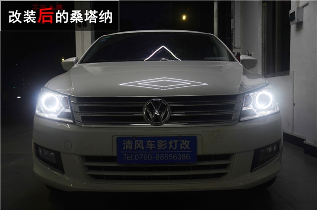 桑塔納車燈升級 Q5雙氙透鏡改裝 LED光導(dǎo)天使眼升級 ——清風(fēng)車影燈改