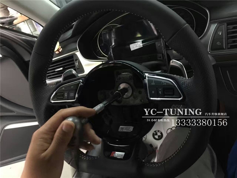 石家莊奧迪A6L改RS6橫幅方向盤(pán)，BO升降高音頭【永誠(chéng)汽車(chē)升級(jí)】