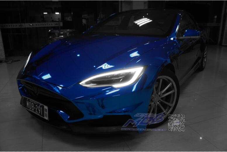 特斯拉MODEL S 施工日本鏡面電鍍藍(lán)（深圳廣州改色貼膜）