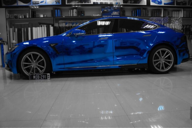 特斯拉MODEL S 施工日本鏡面電鍍藍(lán)（深圳廣州改色貼膜）