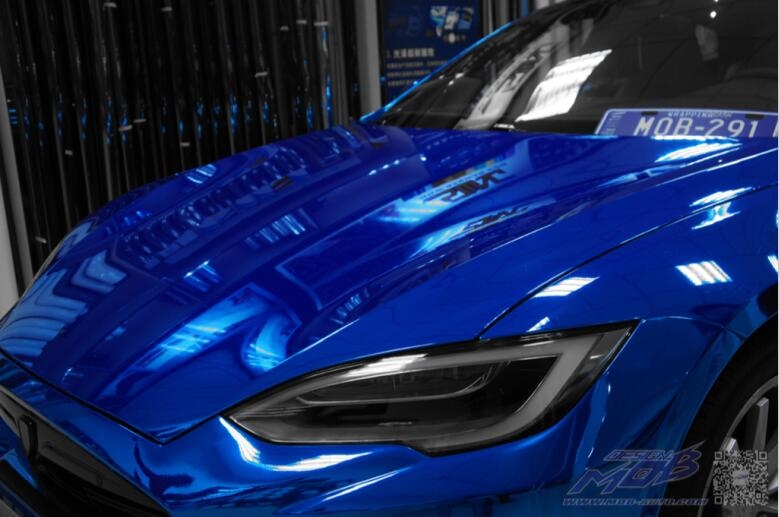 特斯拉MODEL S 施工日本鏡面電鍍藍(lán)（深圳廣州改色貼膜）