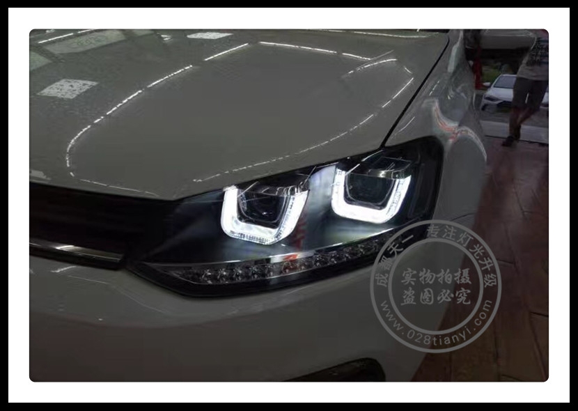 成都大眾Polo車(chē)燈改裝雙U日行燈總成成都天一車(chē)燈改裝Polo日行燈總成