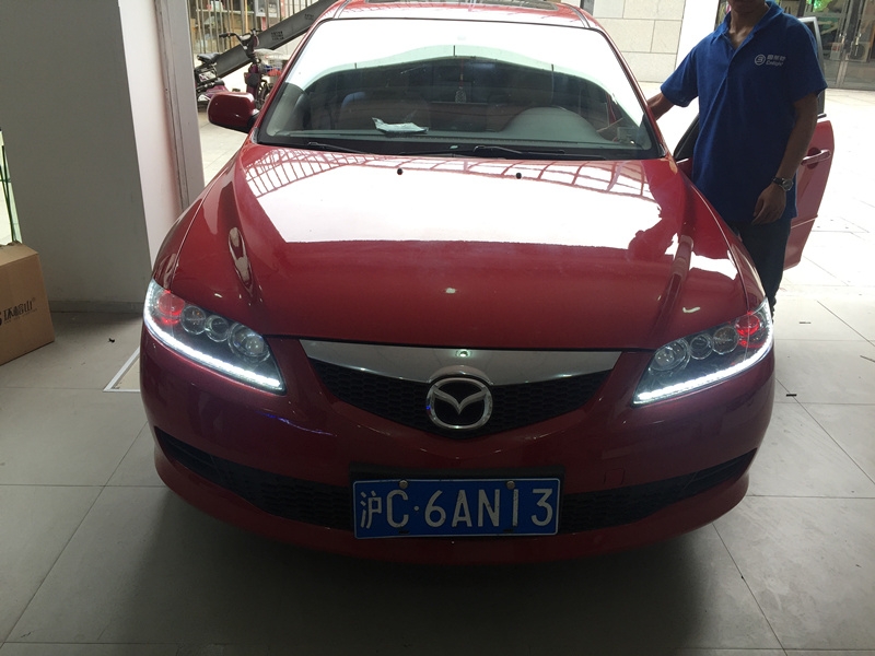 上海老馬自達(dá)6車燈升級改裝 海拉5透鏡 歐司朗氙氣燈 奧茲姆惡魔眼 流光淚眼