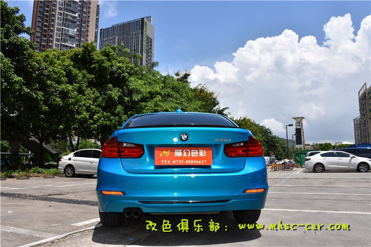 寶馬328原車紅色改色貼膜施工韓國LG極光孔雀藍(lán)