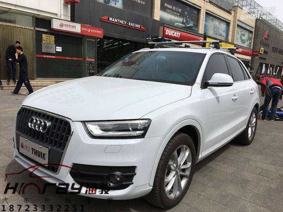 Audi Q3 安裝靈動(dòng)800黑色車(chē)頂箱+598自行車(chē)架 奧迪Q3安裝拓樂(lè)行李箱