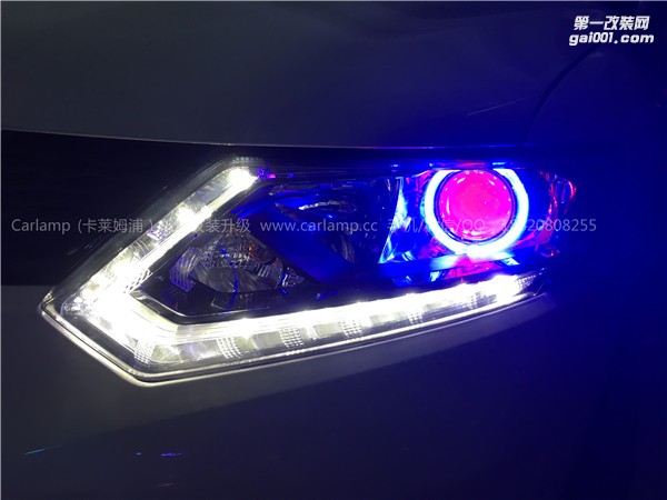 廣州【卡萊姆浦車燈】日產(chǎn)新奇駿：卡萊姆浦海拉5雙光透鏡+粉色惡魔眼+藍色天使眼
