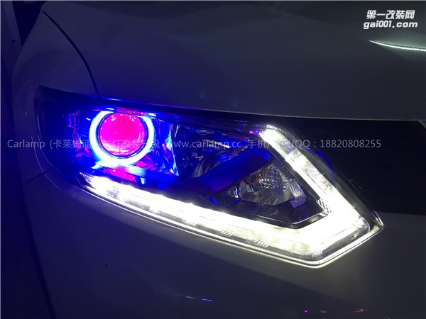 廣州【卡萊姆浦車燈】日產(chǎn)新奇駿：卡萊姆浦海拉5雙光透鏡+粉色惡魔眼+藍色天使眼