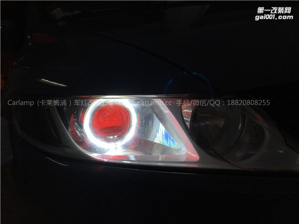 廣州思域改燈，車燈改裝升級：卡萊姆浦美標Q5雙光透鏡+漢雷3代氙氣大燈5500K+澳茲姆安定器+白天使+紅惡魔+大燈內(nèi)襯熏白