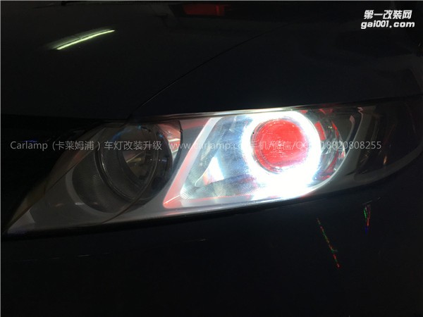 廣州思域改燈，車燈改裝升級：卡萊姆浦美標Q5雙光透鏡+漢雷3代氙氣大燈5500K+澳茲姆安定器+白天使+紅惡魔+大燈內(nèi)襯熏白