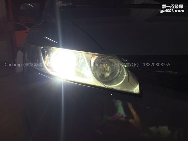 廣州思域改燈，車燈改裝升級：卡萊姆浦美標Q5雙光透鏡+漢雷3代氙氣大燈5500K+澳茲姆安定器+白天使+紅惡魔+大燈內(nèi)襯熏白