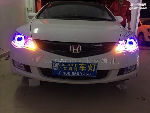 廣州思銘改燈，車燈改裝升級：卡萊姆浦Q5雙光透鏡+漢雷氙氣燈+澳茲姆安定器+LED藍(lán)天使眼+雙色LED導(dǎo)光日行燈