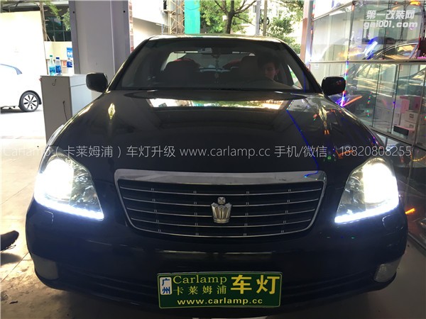 廣州皇冠改燈，車燈改裝升級：卡萊姆浦海拉5雙光透鏡+歐司朗D2S CBI+原車白電裝安定器+雙色LED流光淚眼日行燈