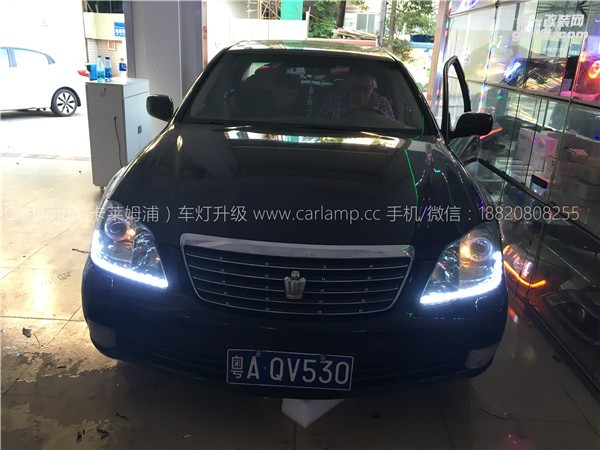 廣州皇冠改燈，車燈改裝升級：卡萊姆浦海拉5雙光透鏡+歐司朗D2S CBI+原車白電裝安定器+雙色LED流光淚眼日行燈