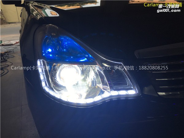 廣州軒逸改燈，車燈改裝升級：卡萊姆浦美標Q5雙光透鏡 漢雷3代氙氣大燈5500K 德國Aozoom澳茲姆安定器 白天使 紅惡魔 雙色LED流光淚眼日行燈