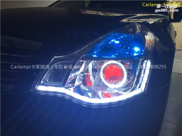 廣州軒逸改燈，車燈改裝升級：卡萊姆浦美標Q5雙光透鏡 漢雷3代氙氣大燈5500K 德國Aozoom澳茲姆安定器 白天使 紅惡魔 雙色LED流光淚眼日行燈