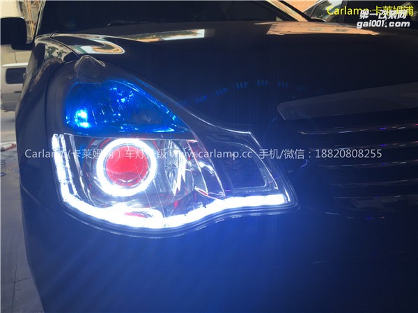 廣州軒逸改燈，車燈改裝升級：卡萊姆浦美標Q5雙光透鏡 漢雷3代氙氣大燈5500K 德國Aozoom澳茲姆安定器 白天使 紅惡魔 雙色LED流光淚眼日行燈