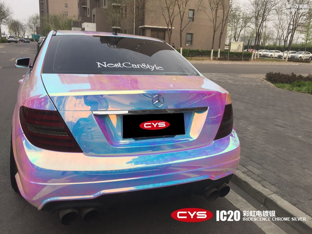 四川成都車衣裳奔馳C200彩虹電鍍銀汽車改色貼膜