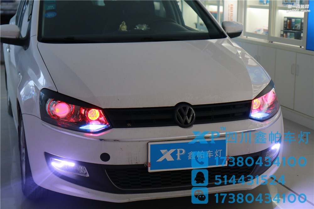 大眾POLO四川成都改裝車燈鑫帕車燈安裝大燈總成 紅色惡魔眼 海拉Q5透鏡 LED車燈 氙氣燈 進口安定器 日間行車燈
