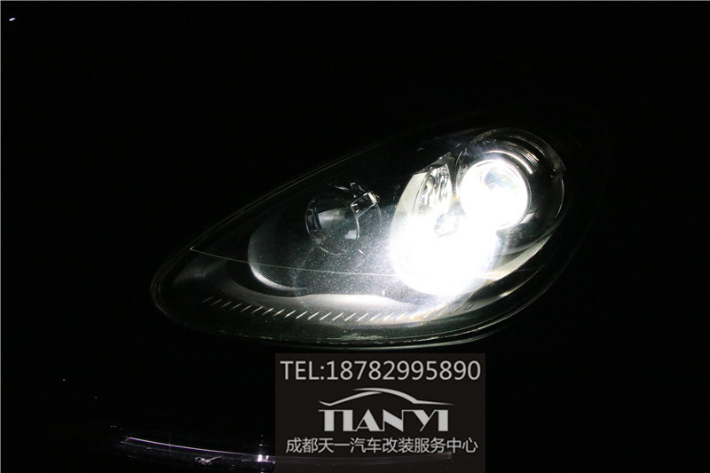 成都天一車燈改裝店保時捷卡宴氙氣大燈升級米石LED透鏡