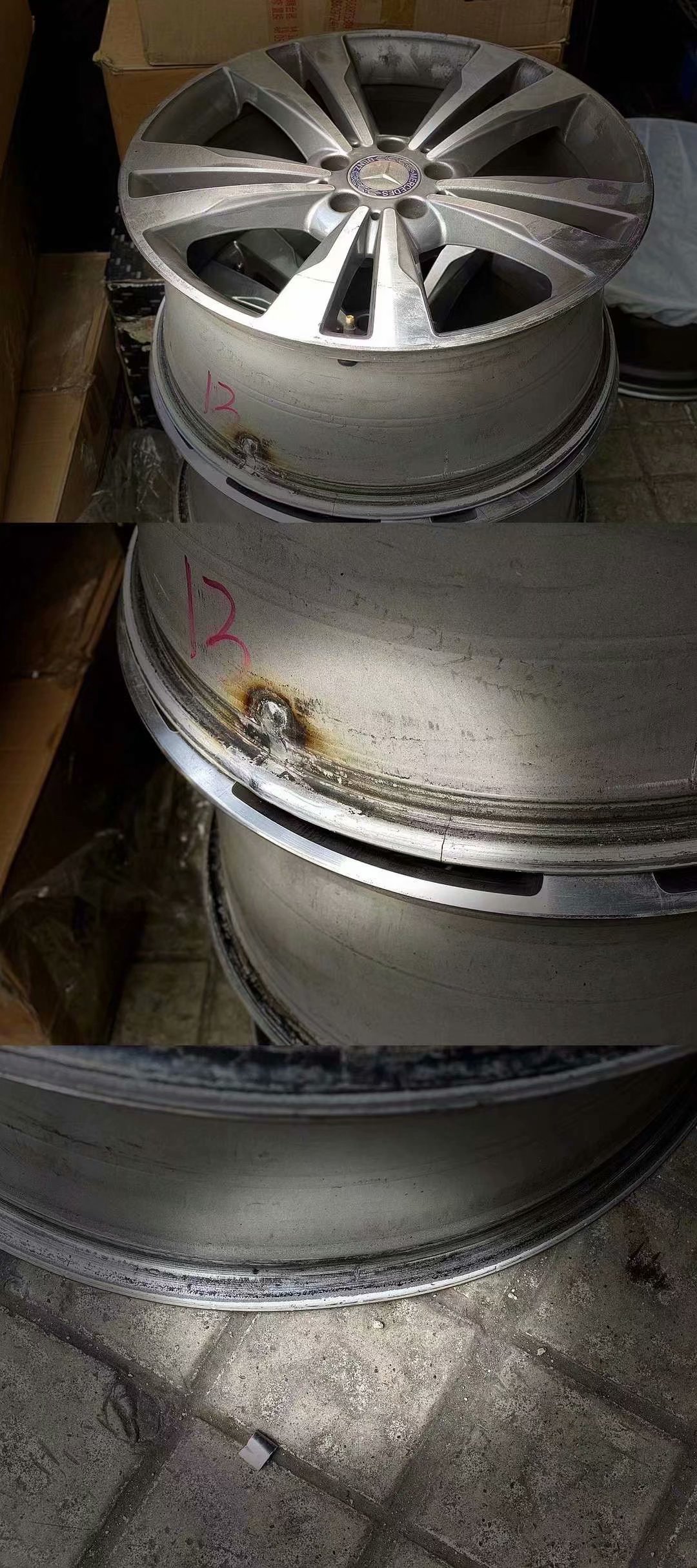 奔馳S 原廠輪圈開裂修復(fù)，變形嚴(yán)重 更換更好的鍛造定制輪圈19寸完工